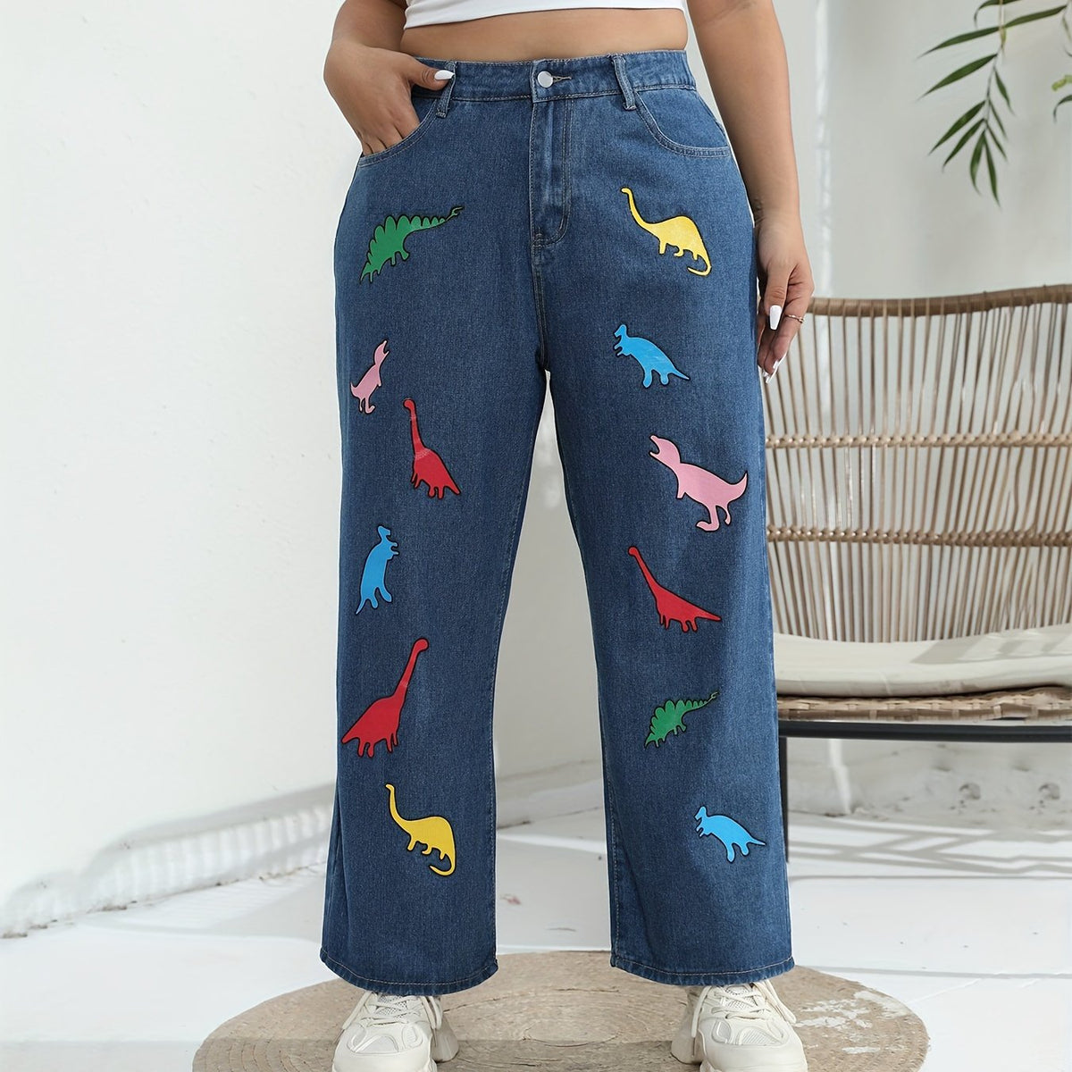 Plus Size Women's Dinosaur Print Wide Leg Jeans