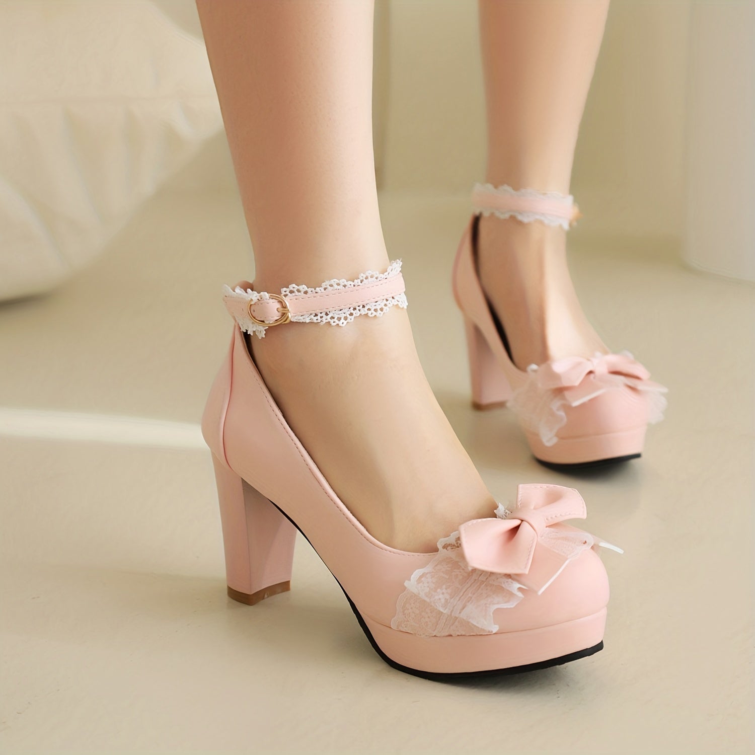 Women's Lace Bowknot High Heels Ankle Strap Mary Jane Pumps