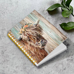 Highland Cow Notebook Rustic Wooden Background 13x21cm 50 Pages