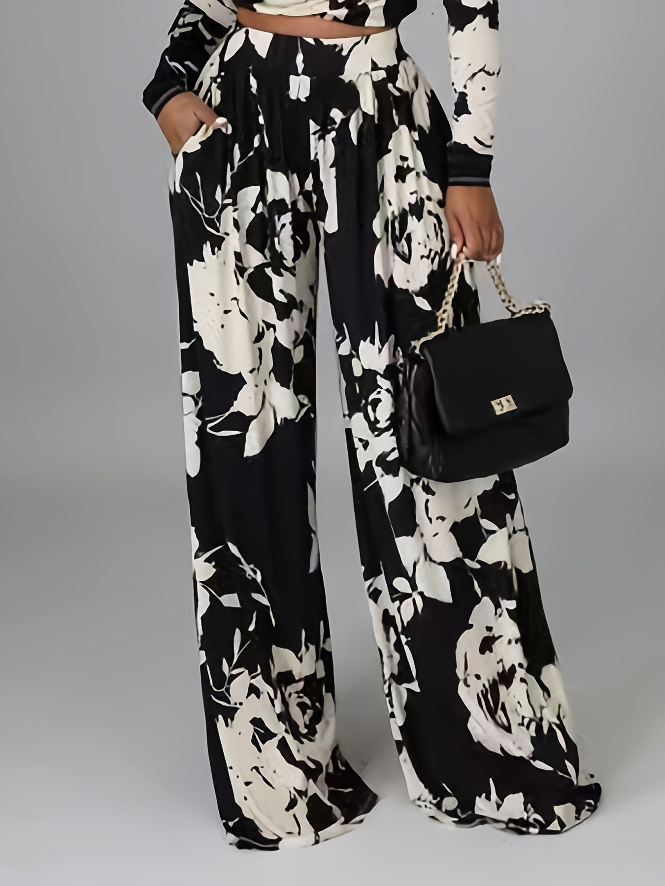 Floral Print Wide Leg Trousers High Rise Stretch Pants