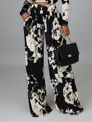 Floral Print Wide Leg Trousers High Rise Stretch Pants