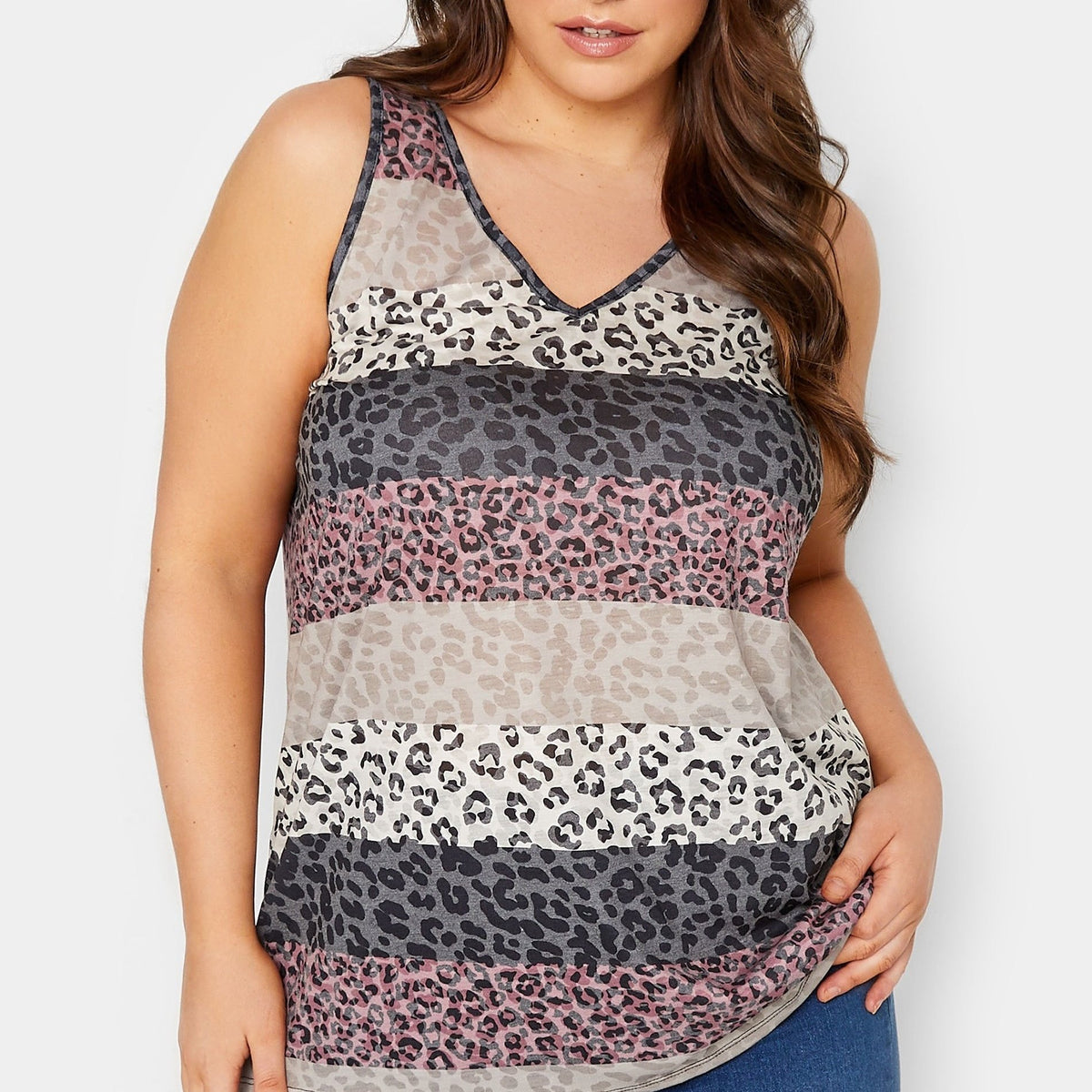  Colorblock Leopard Print V Neck Tank Top