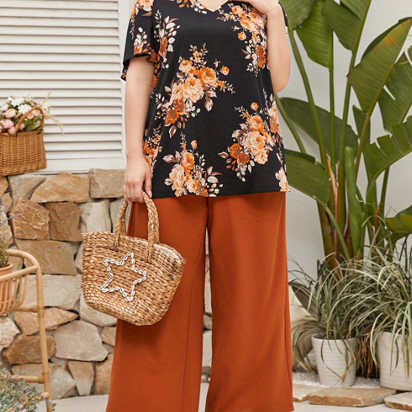 Floral Print Top & Wide Leg Pants Set Plus Size