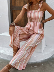 Striped Print Lace Up Jumpsuit Shirred Sleeveless Wide Leg Jumpsuit