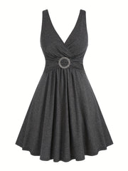  Casual Tank Dress Women's Plus Solid Surplice Neck Metal Decor Dress
