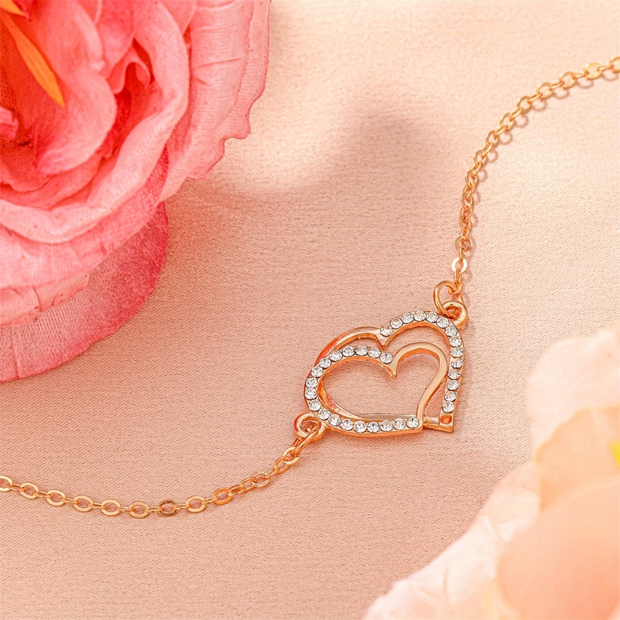 Golden Double Heart Ladies Bracelet Zircon Inlay Romantic Hand Jewelry Gift