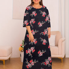  Floral Print Lounge Dress Three Quarter Sleeve Round Neck Nightdress