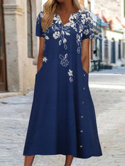  Women's Floral Print Short Sleeve Dress with Pockets