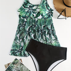  Vacay Tankini Set Women's Plus Tropical Print Round Neck