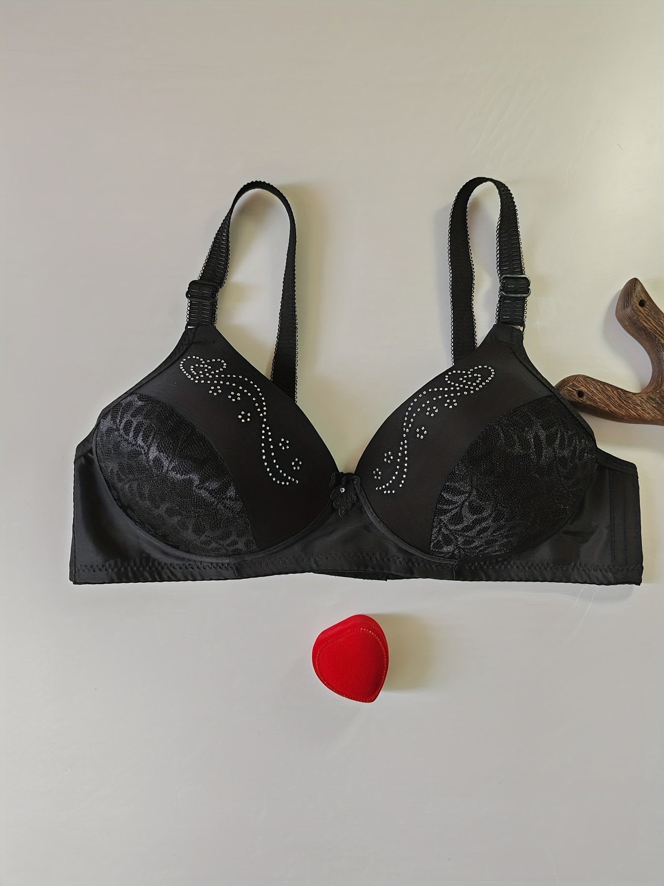 Contrast Lace Push Up Bra with Rhinestone Decor