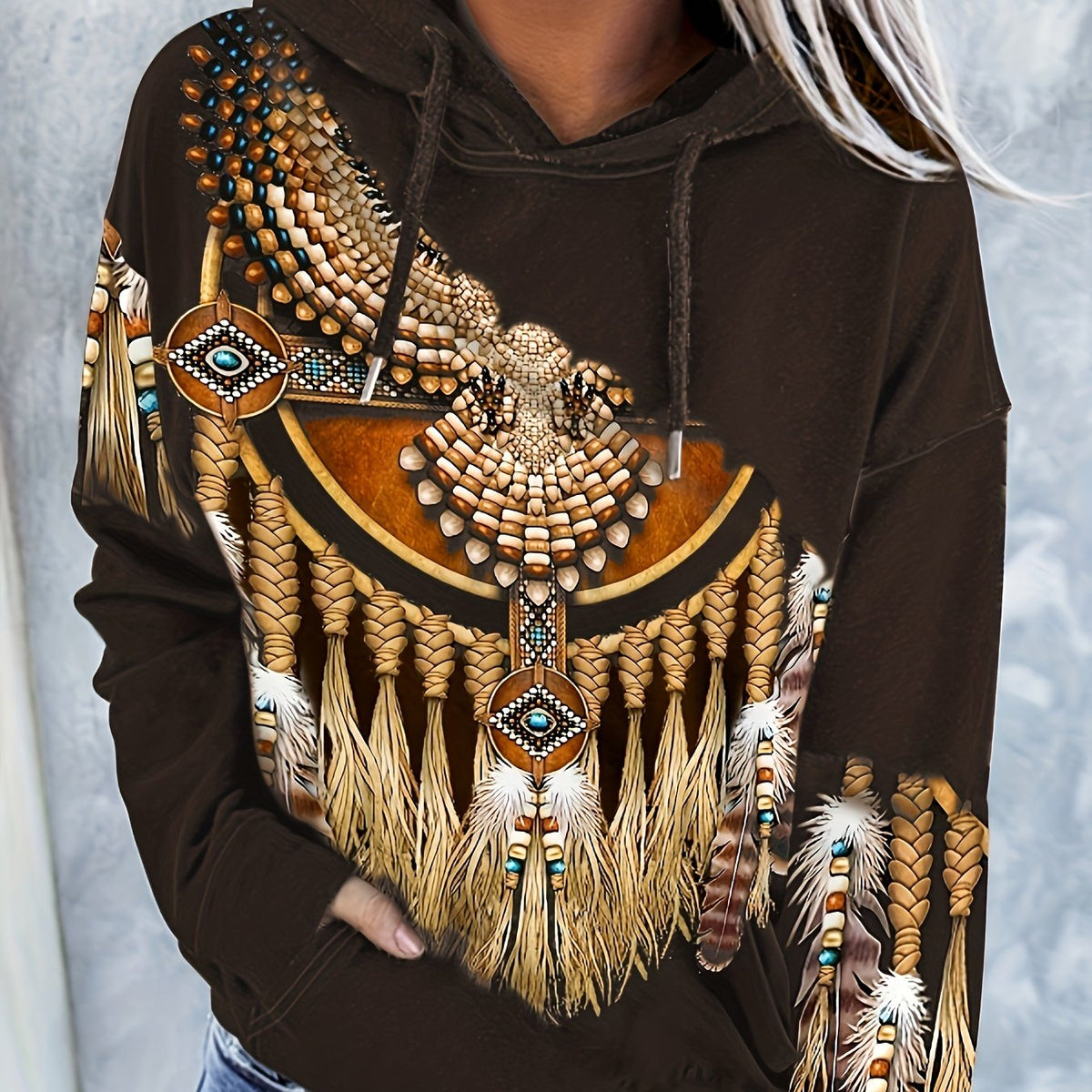Tribal Print Kangaroo Pocket Hoodie Long Sleeve Hoodie