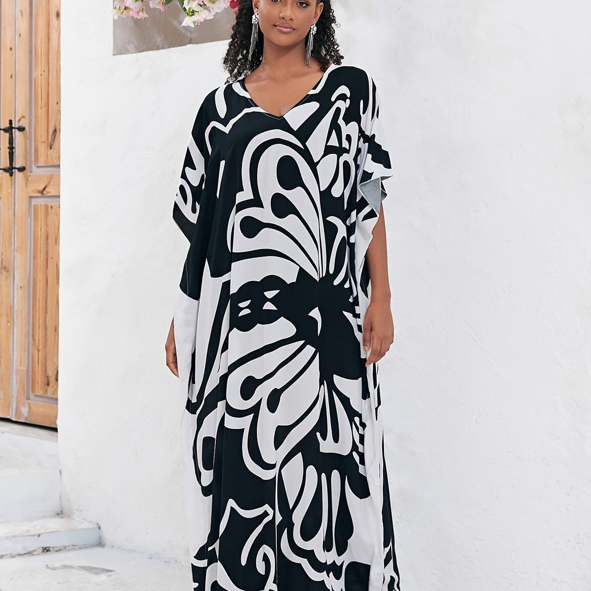 Plus Size Boho Kaftan Dress Women's Plus Butterfly Print V Neck Beachwear Maxi