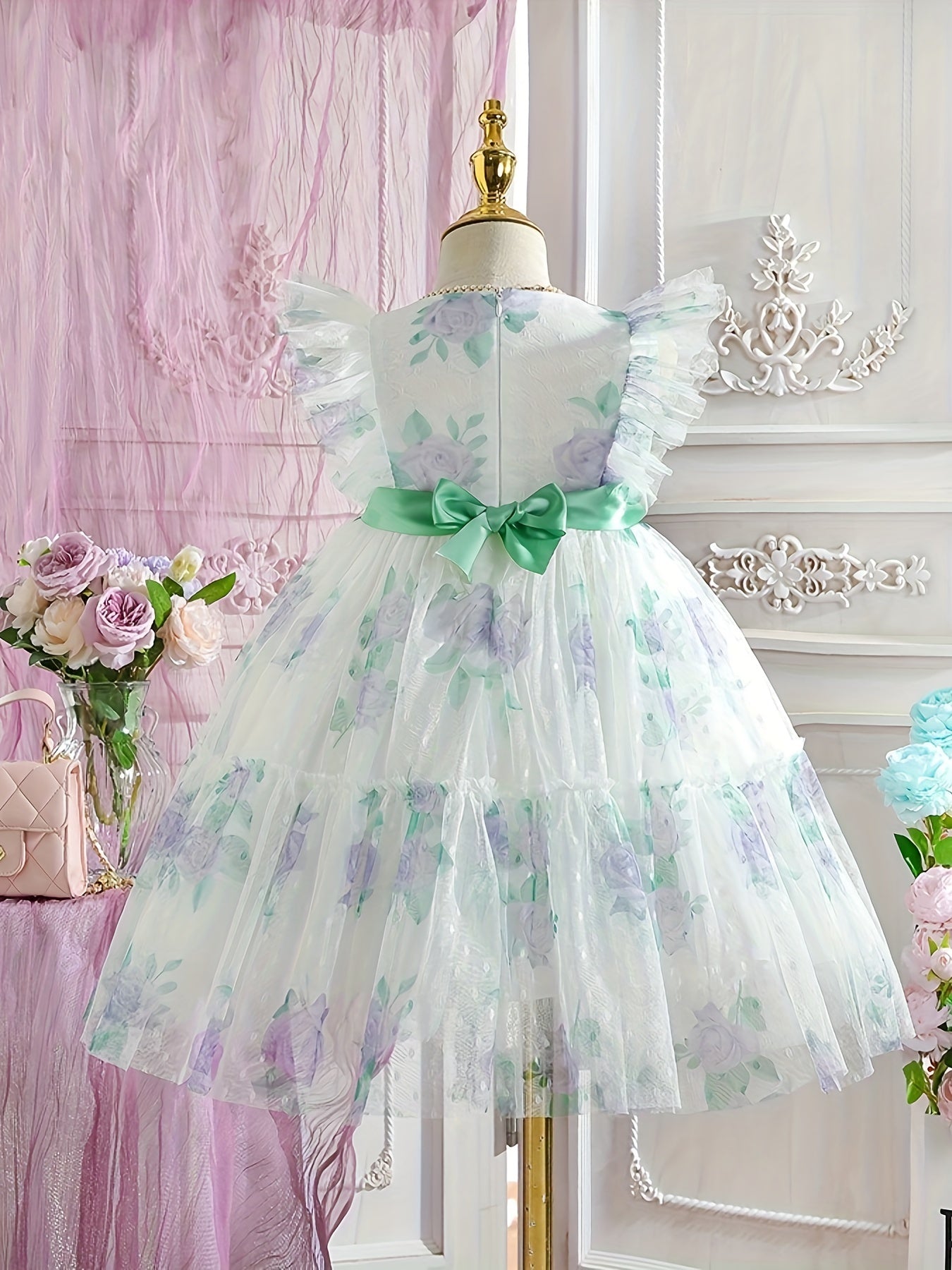 Girls' Romantic Rose Dress Mesh Princess Dress With Flutter Sleeve
