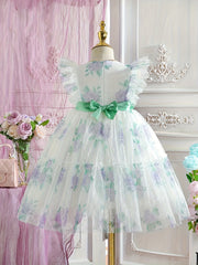 Girls' Romantic Rose Dress Mesh Princess Dress With Flutter Sleeve