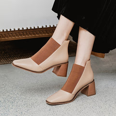 Women's Chunky Heel Ankle Boots Square Toe Knitted Slip On High Heels