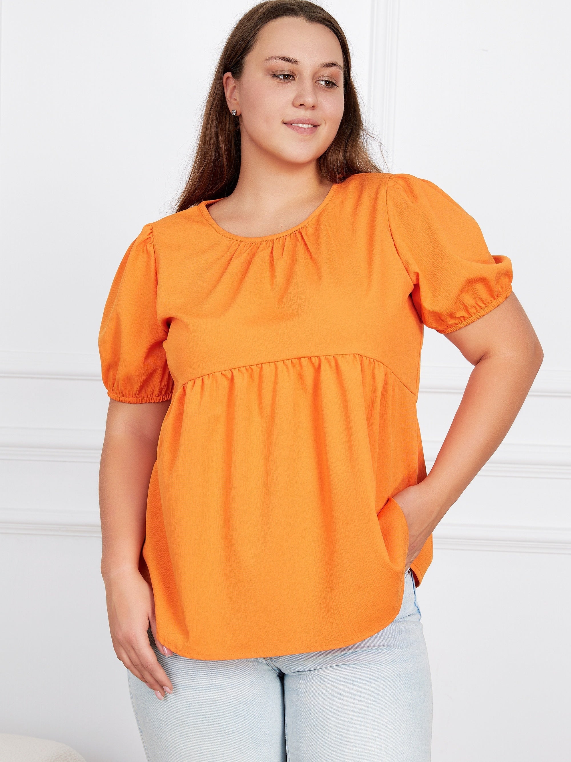  Casual Blouse Women's Plain Ruched Short Sleeve Round Neck