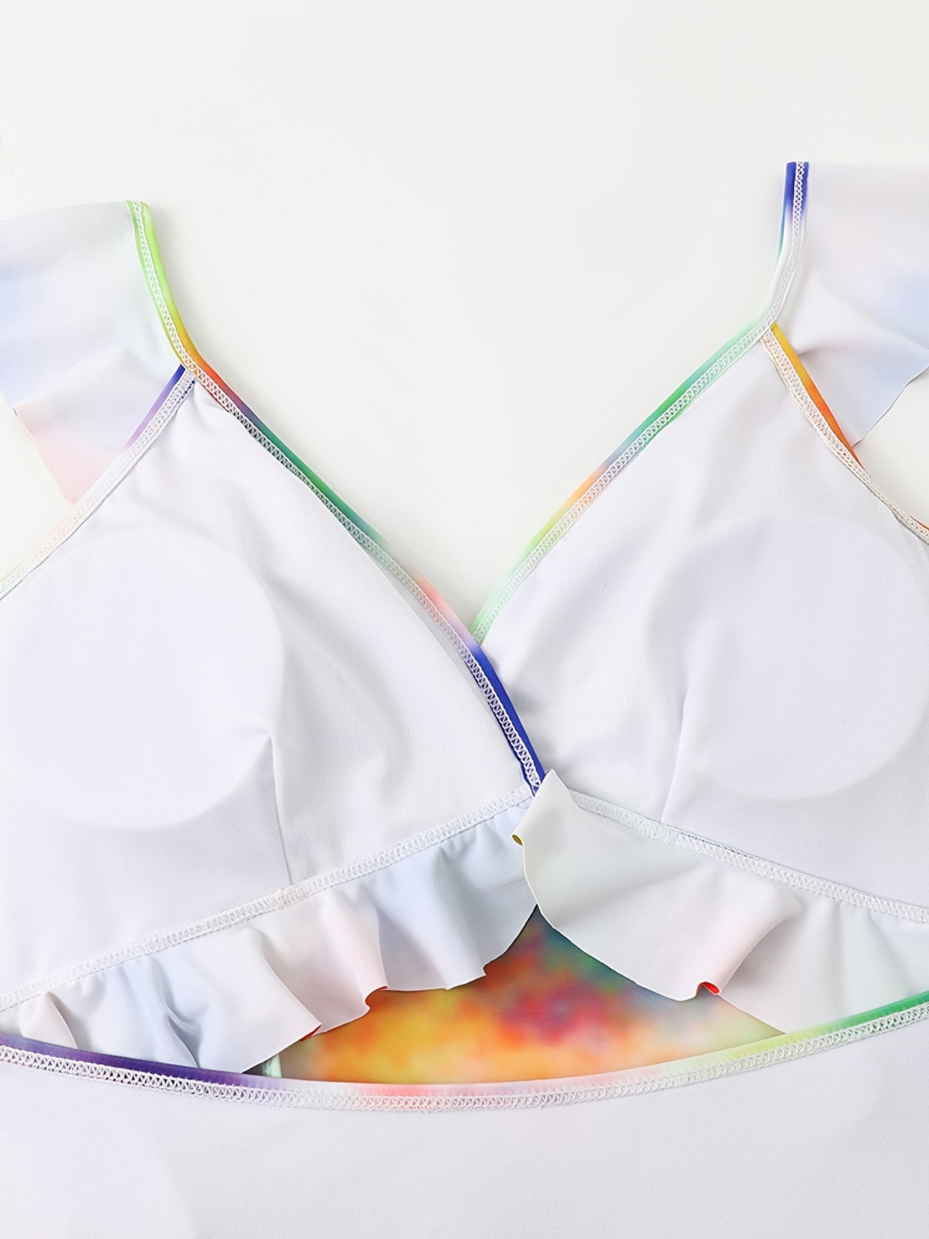  Tie Dye Print One Piece Swimsuit Ruffle Trim High Stretch Bathing Suit