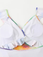  Tie Dye Print One Piece Swimsuit Ruffle Trim High Stretch Bathing Suit