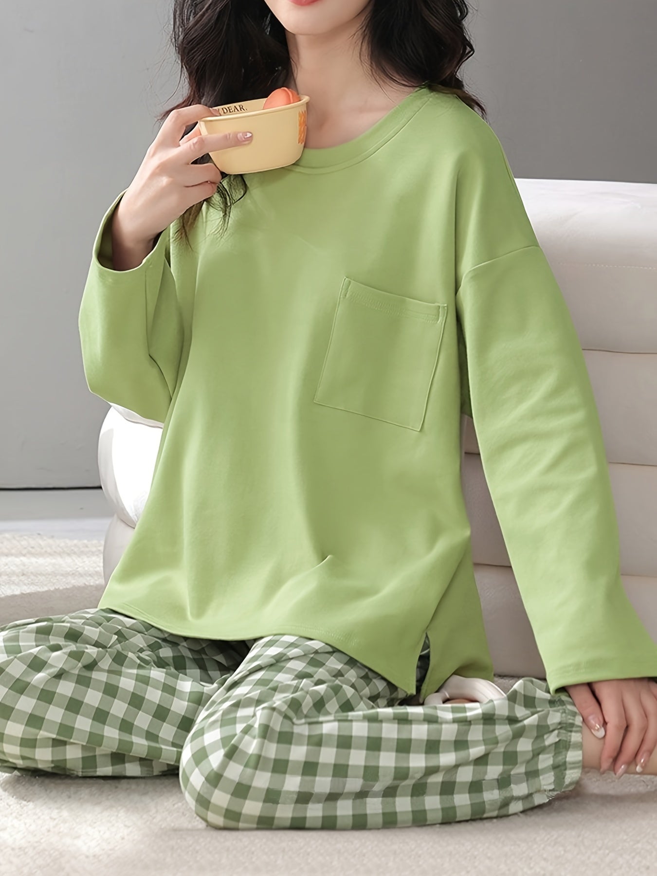 Plaid Print Pajama Set Long Sleeve Crew Neck Top & Elastic Waistband Pants