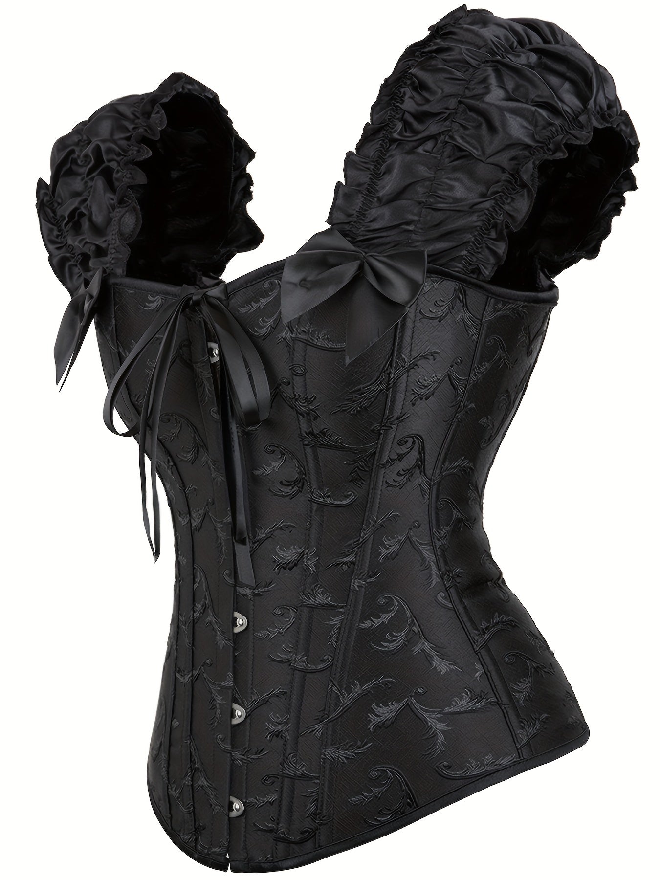 Ruffle Corset Bustier Front Buckle Lace Up Puff Sleeve Body Shaper