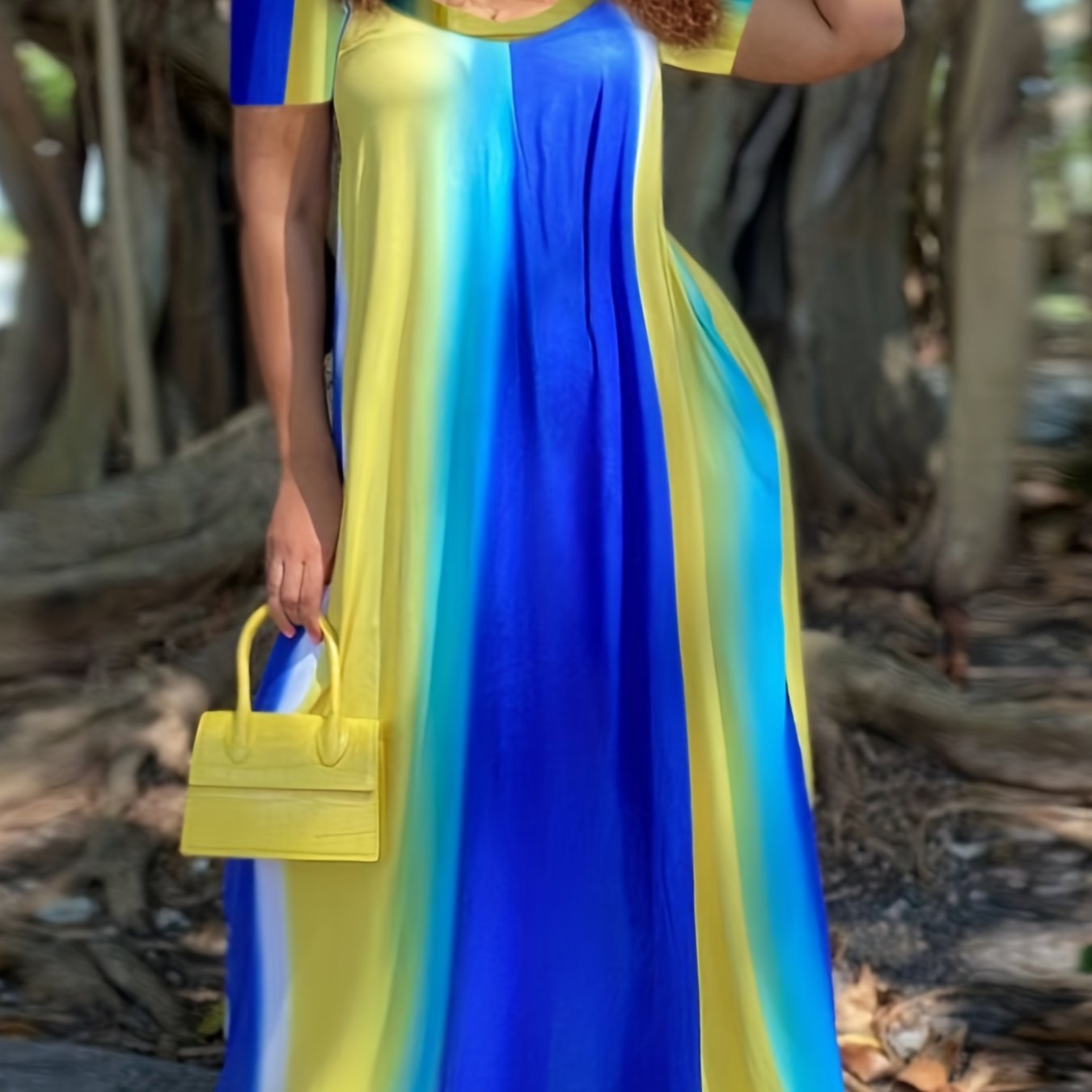  Colorblock Round Neck Maxi Dress