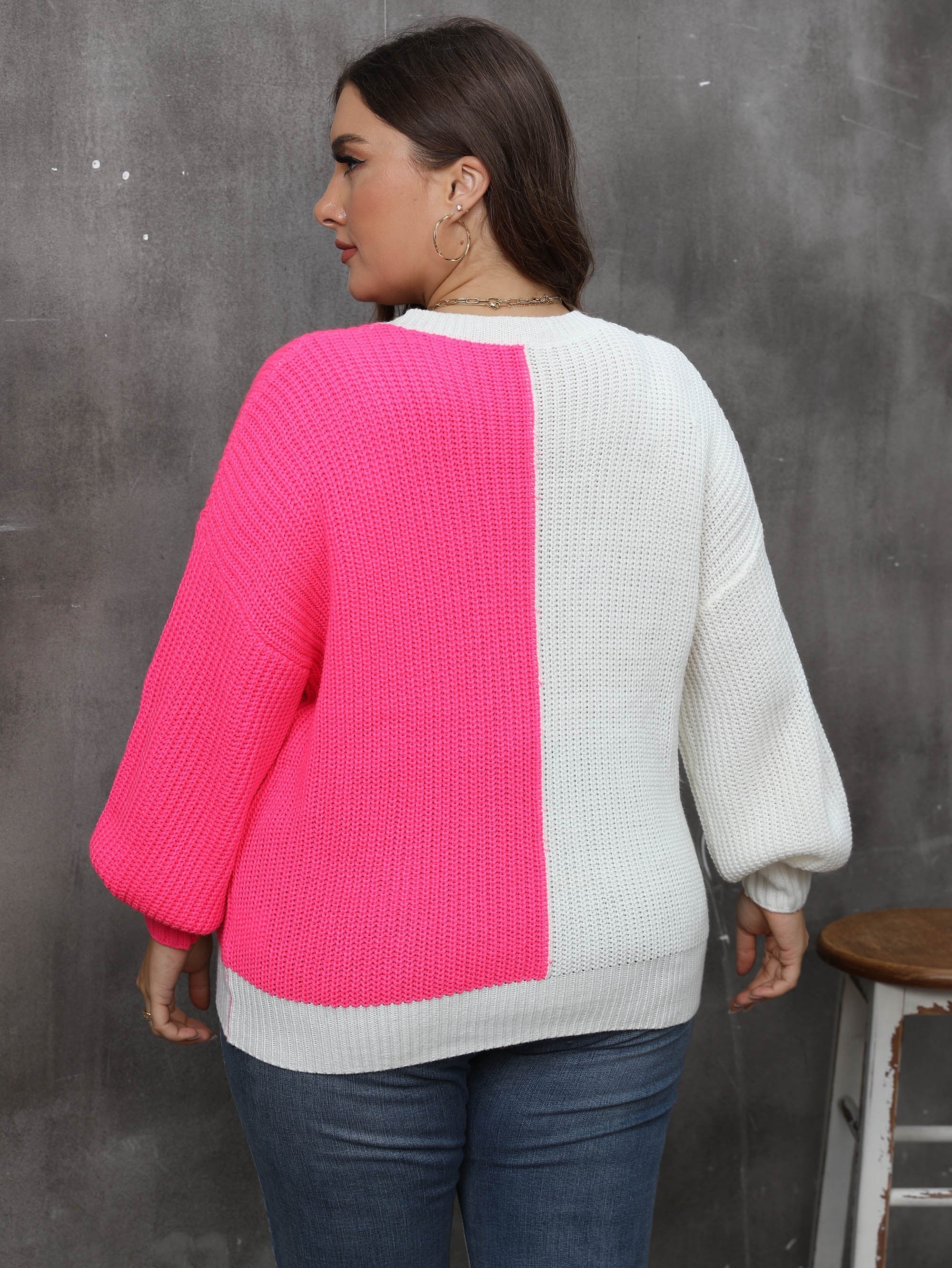  Colorblock Heart Print Round Neck Sweater