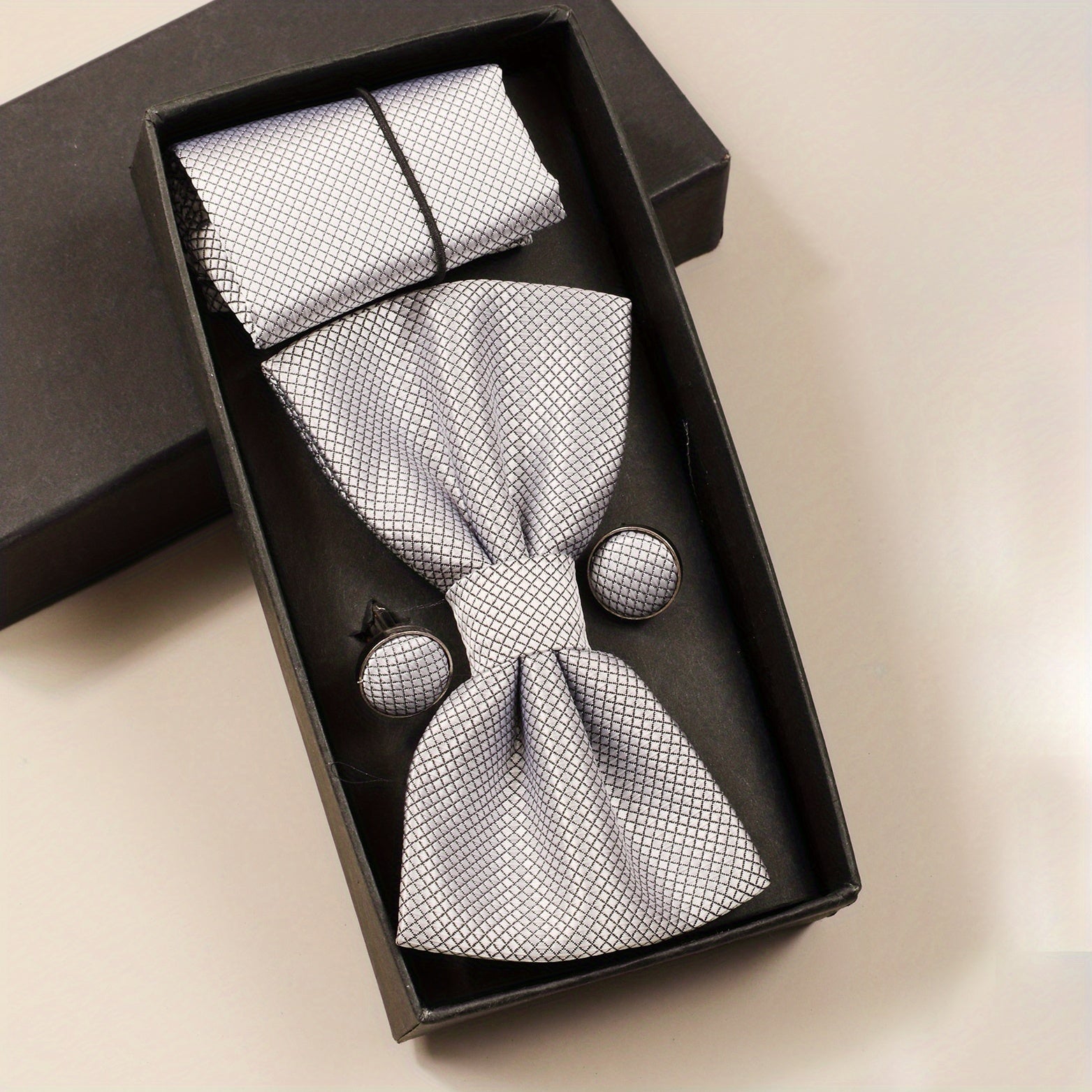 Men's Solid Bow Tie Set Pocket Square Cufflinks Formal Business Wedding