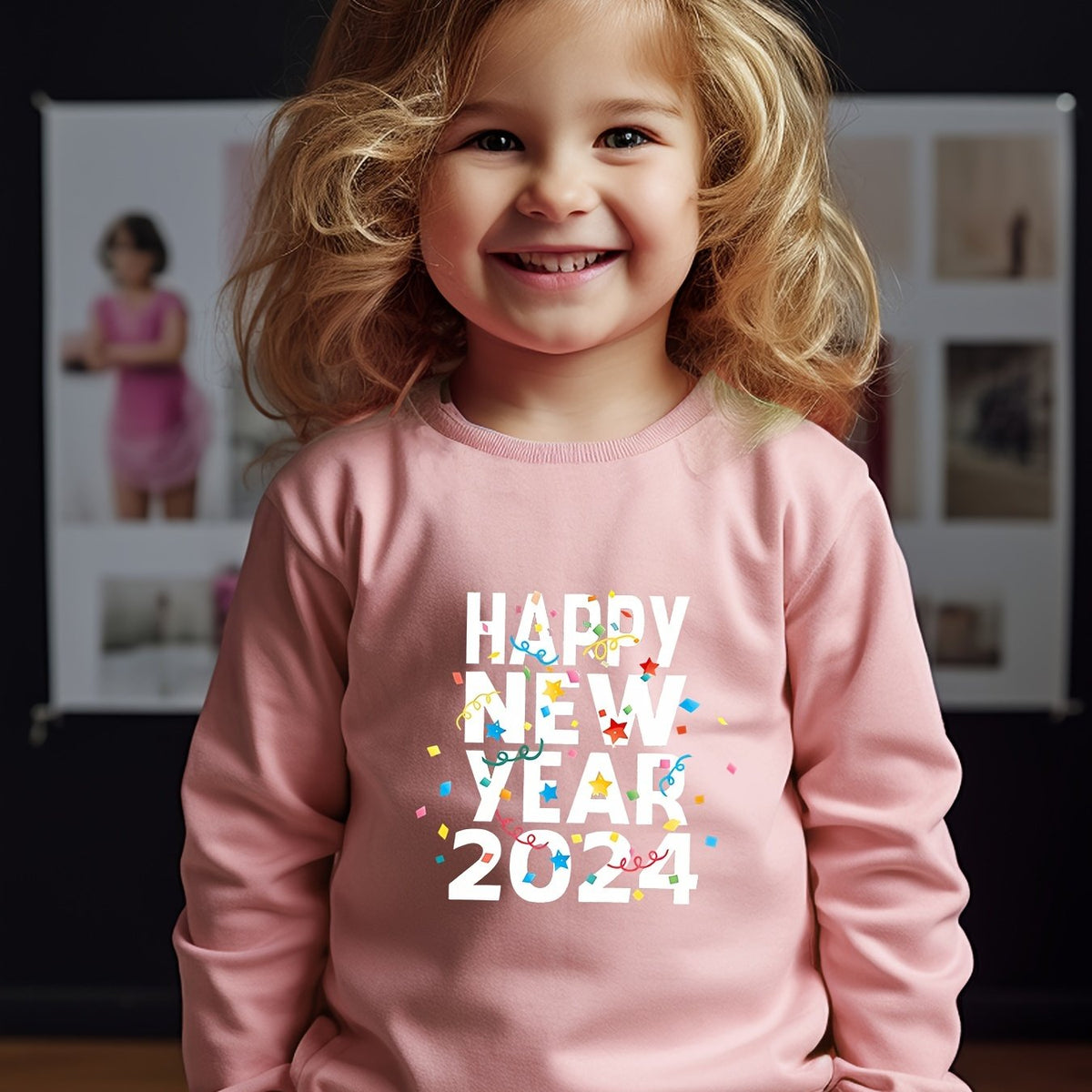 Girls Happy Year Pattern Crew Neck Sweatshirt