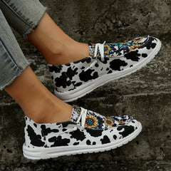 Women's Cow & Leopard Printed Lace Up Flat Canvas Shoes