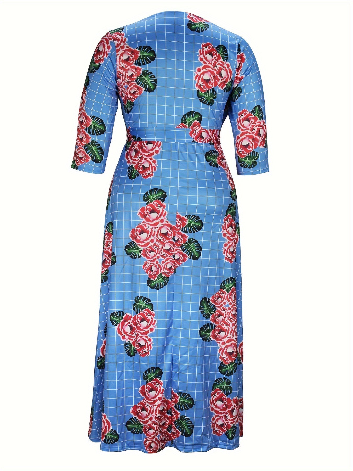  Floral & Grid Print Side Knot Sleeve Maxi Dress