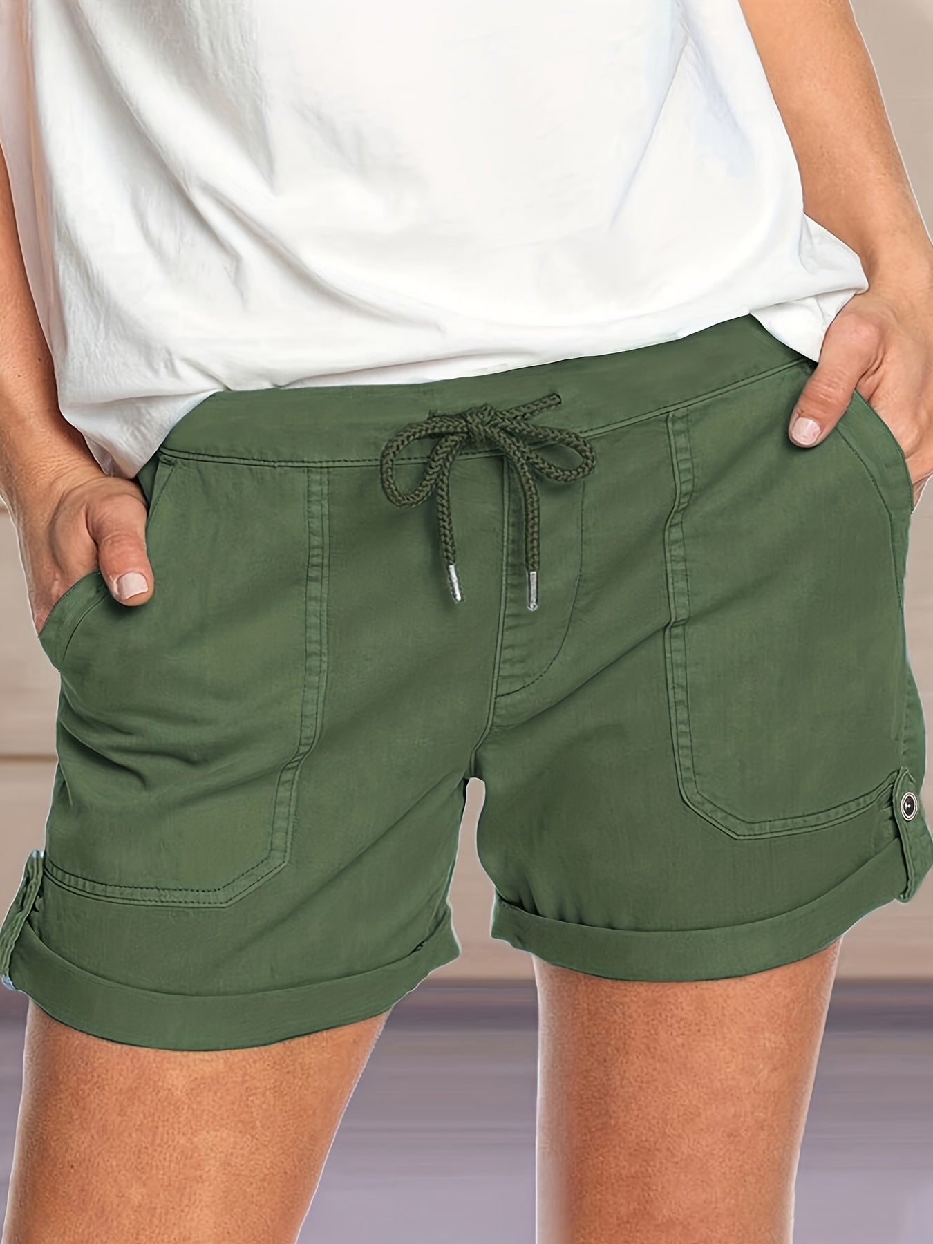 Solid Drawstring Shorts With Pockets Women's Clothing
