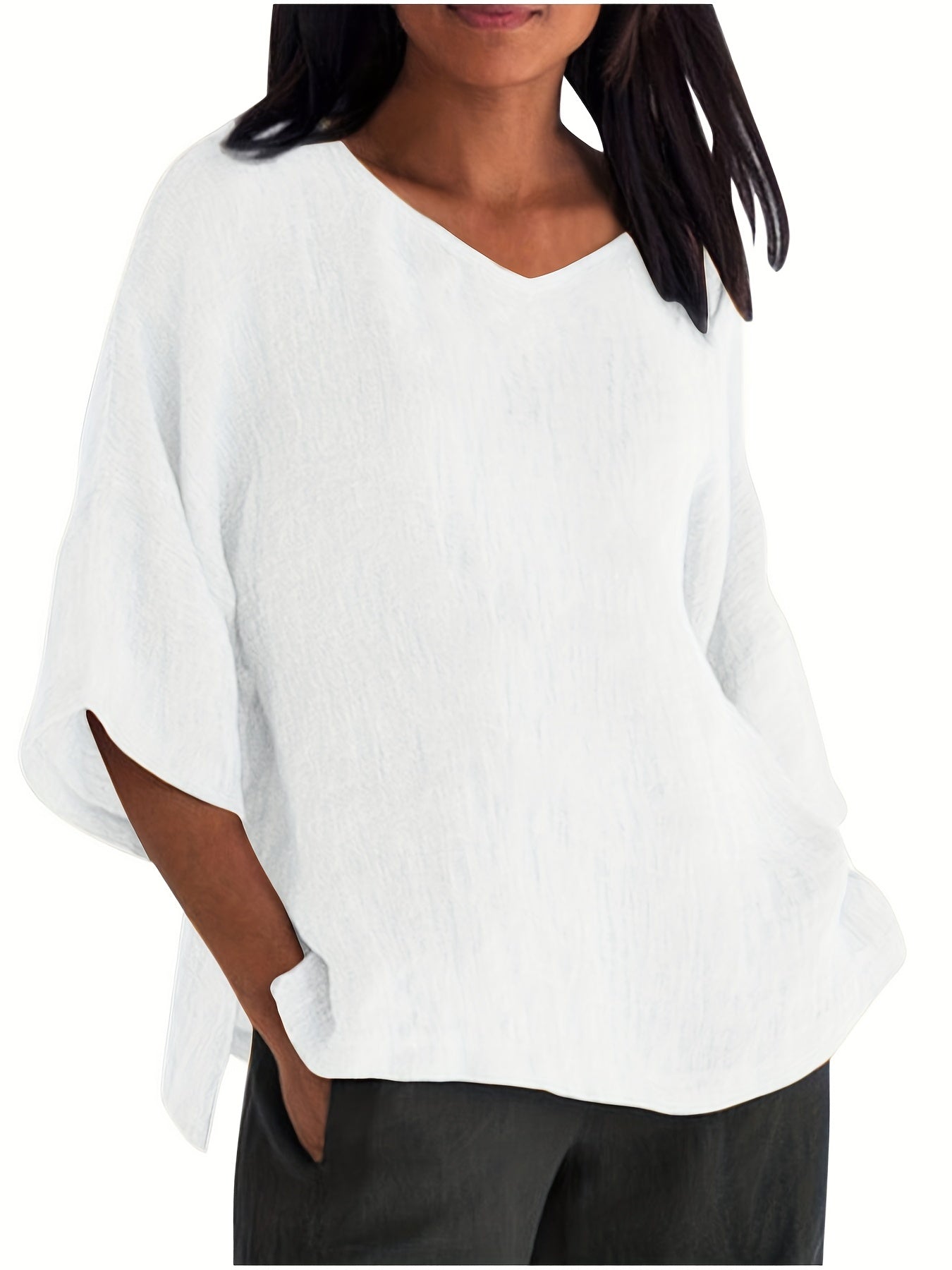  Basic Blouse Women's Plus Solid Three Quarter Sleeve V Neck Top