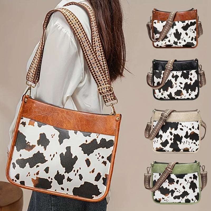 Cow Pattern Shoulder Bag Faux Leather Crossbody Bag with Vintage Strap