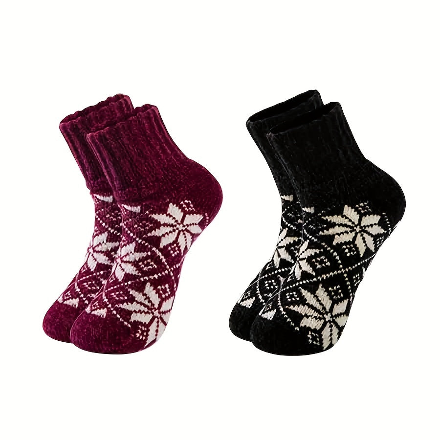 2 Pairs Floral Print Socks Comfy & Warm Mid Tube Women's Stockings