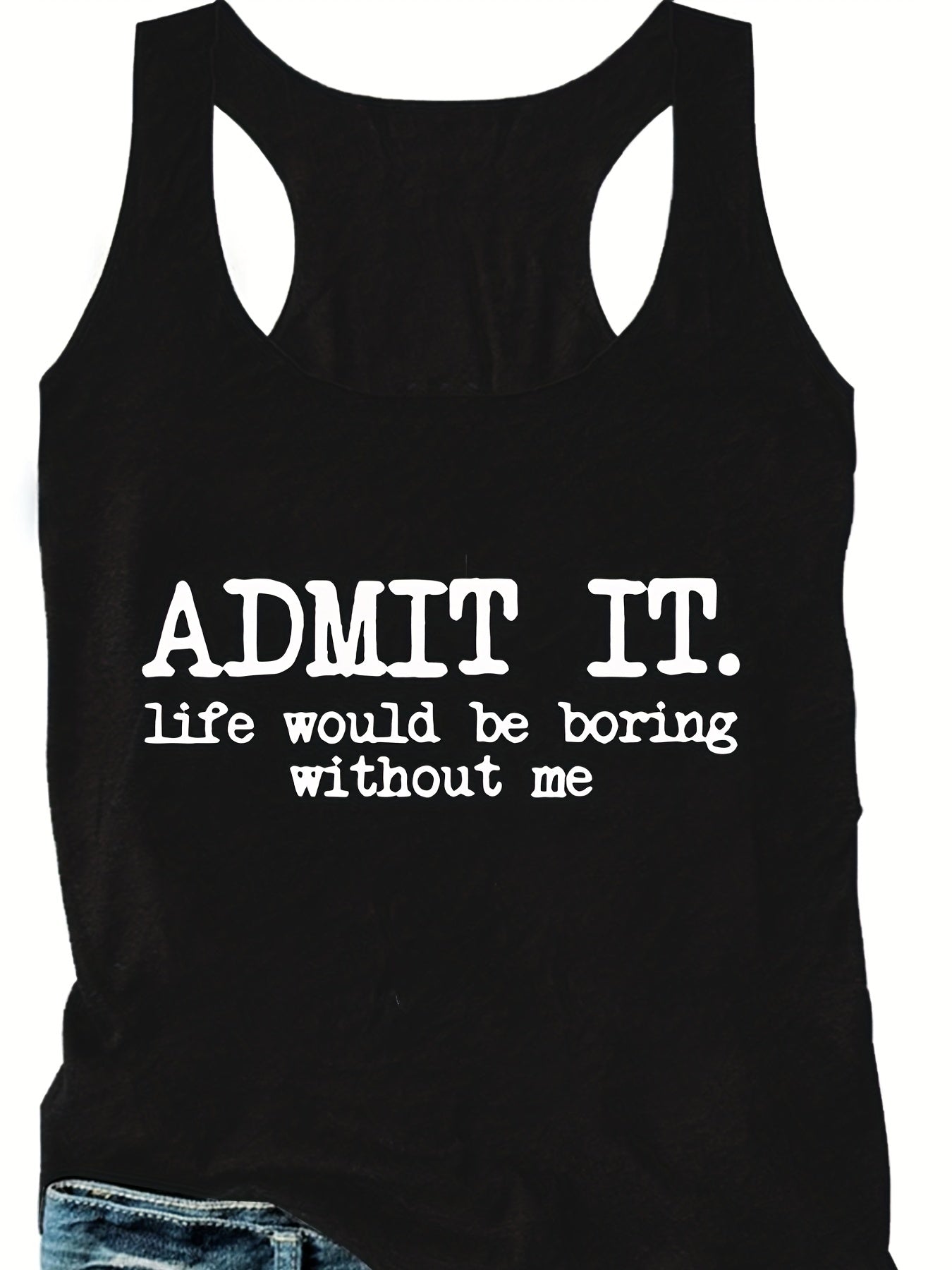  Casual Tank Top Women's Plus Letter Print Crew Neck Medium Stretch