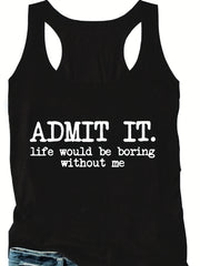  Casual Tank Top Women's Plus Letter Print Crew Neck Medium Stretch