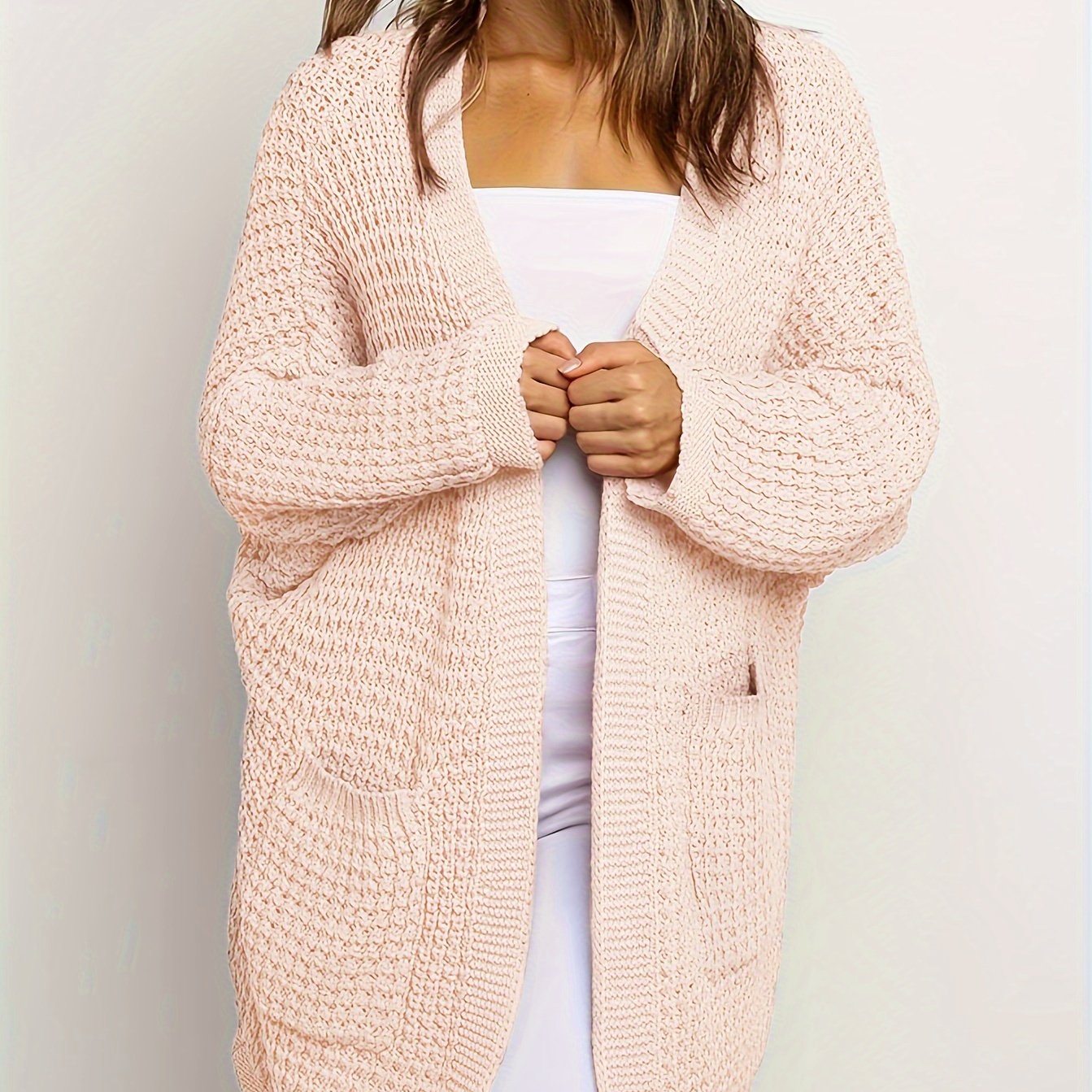  Solid Bat Sleeve Cardigan With Pockets