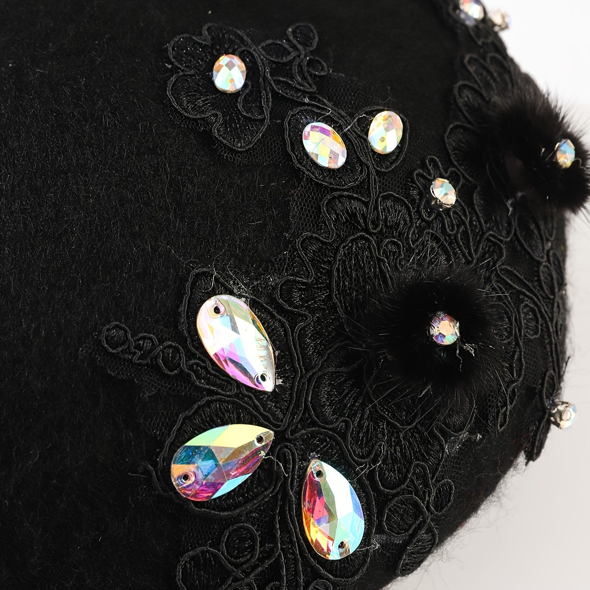 Rhinestone Flower Woolen Beret Hat for Women Girls