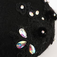 Rhinestone Flower Woolen Beret Hat for Women Girls