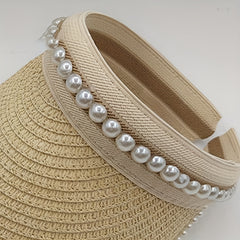 Faux Pearl Decor Visor Hat Beige Straw Hat Outdoor UV Protection Sun Hat