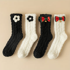 4 Pairs Floral & Bow Decor Women's Warm Socks
