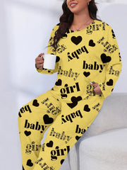  Heart & Letter Print Pajamas Set Long Sleeve Tee & Pants Lounge 2 Piec