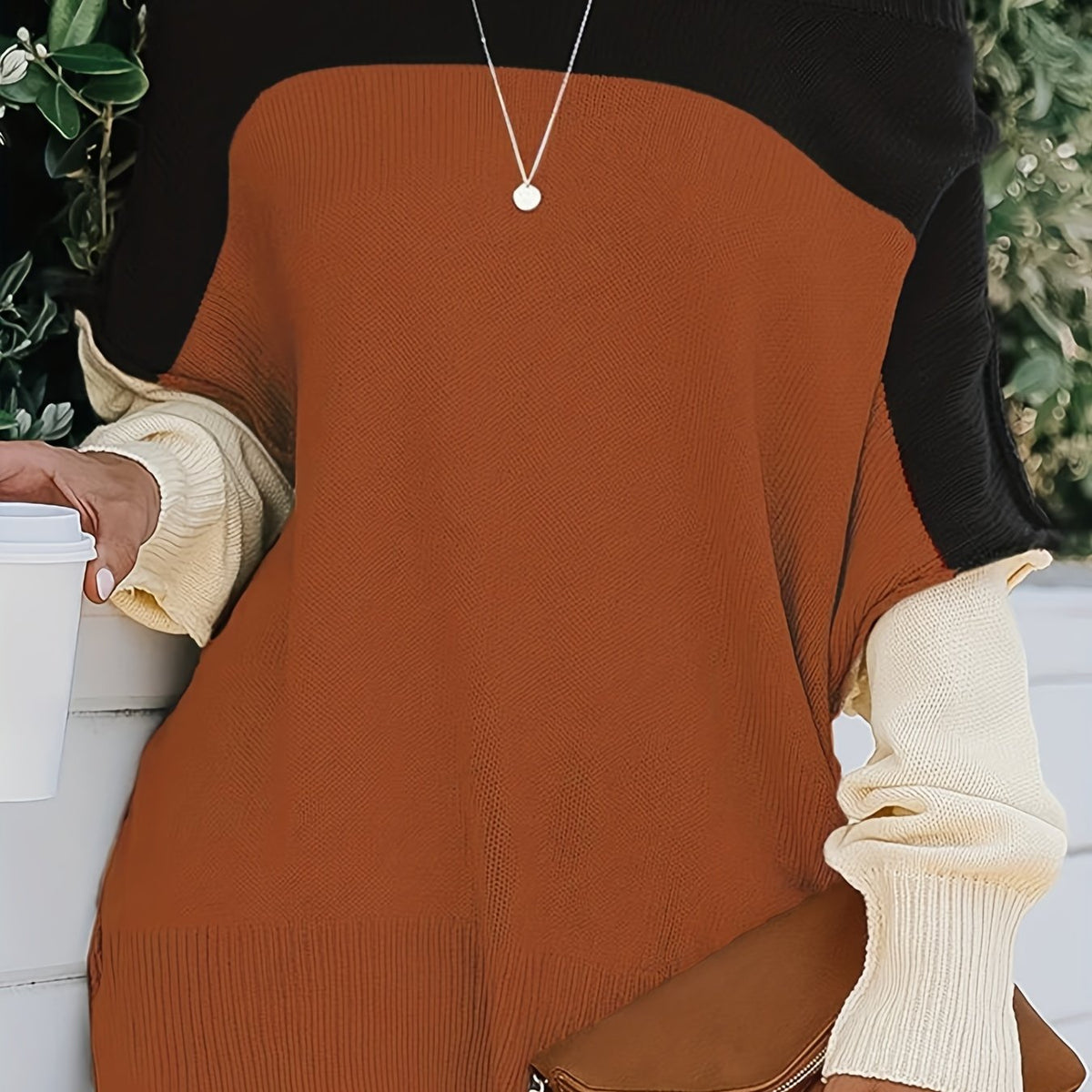  Colorblock Long Sleeve Round Neck Sweater