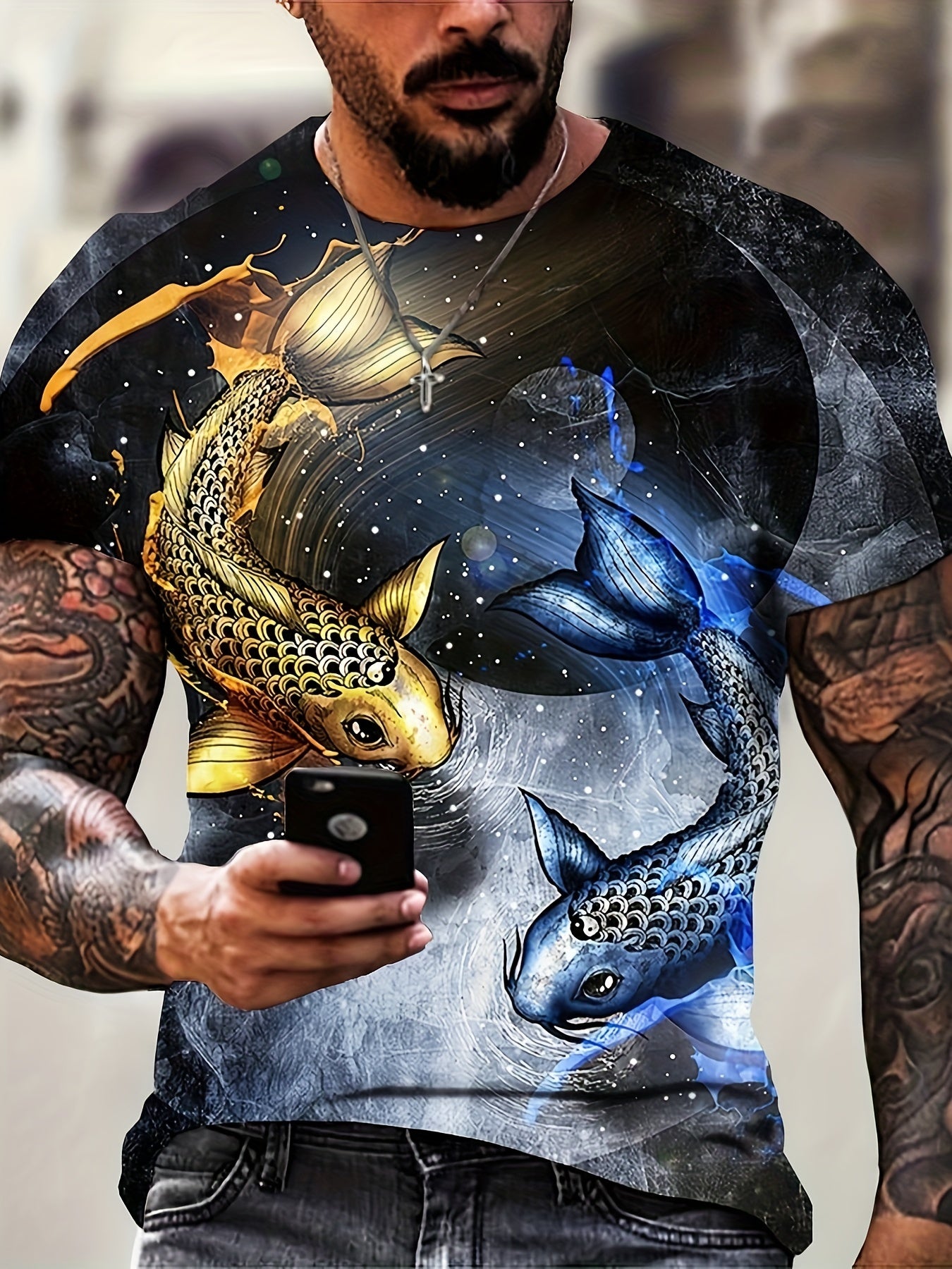 Koi Fish Pattern Print Men's Short Sleeve Novelty Tee Graphic T-shirt