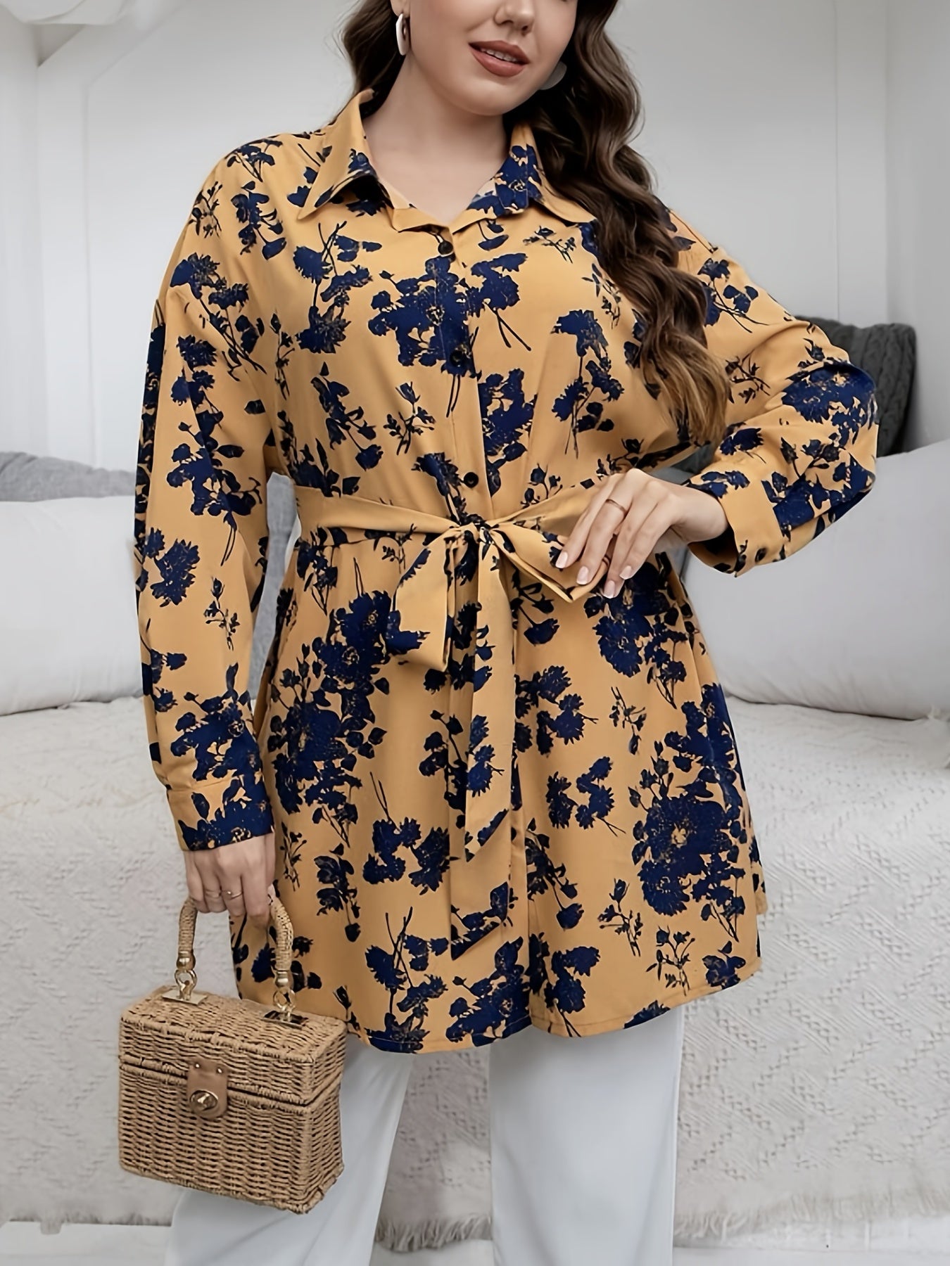  Floral Print Long Sleeve Blouse with Belt