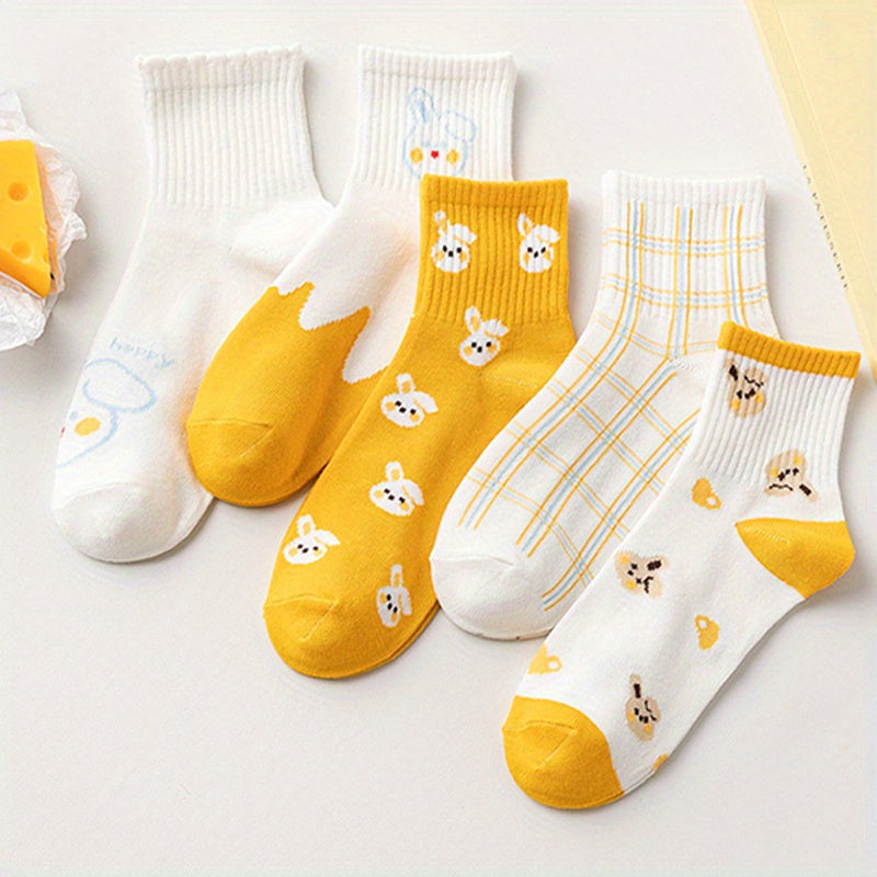 5 Pairs Bunny Print Socks Cute & Comfortable Women's Mid Tube Stockings