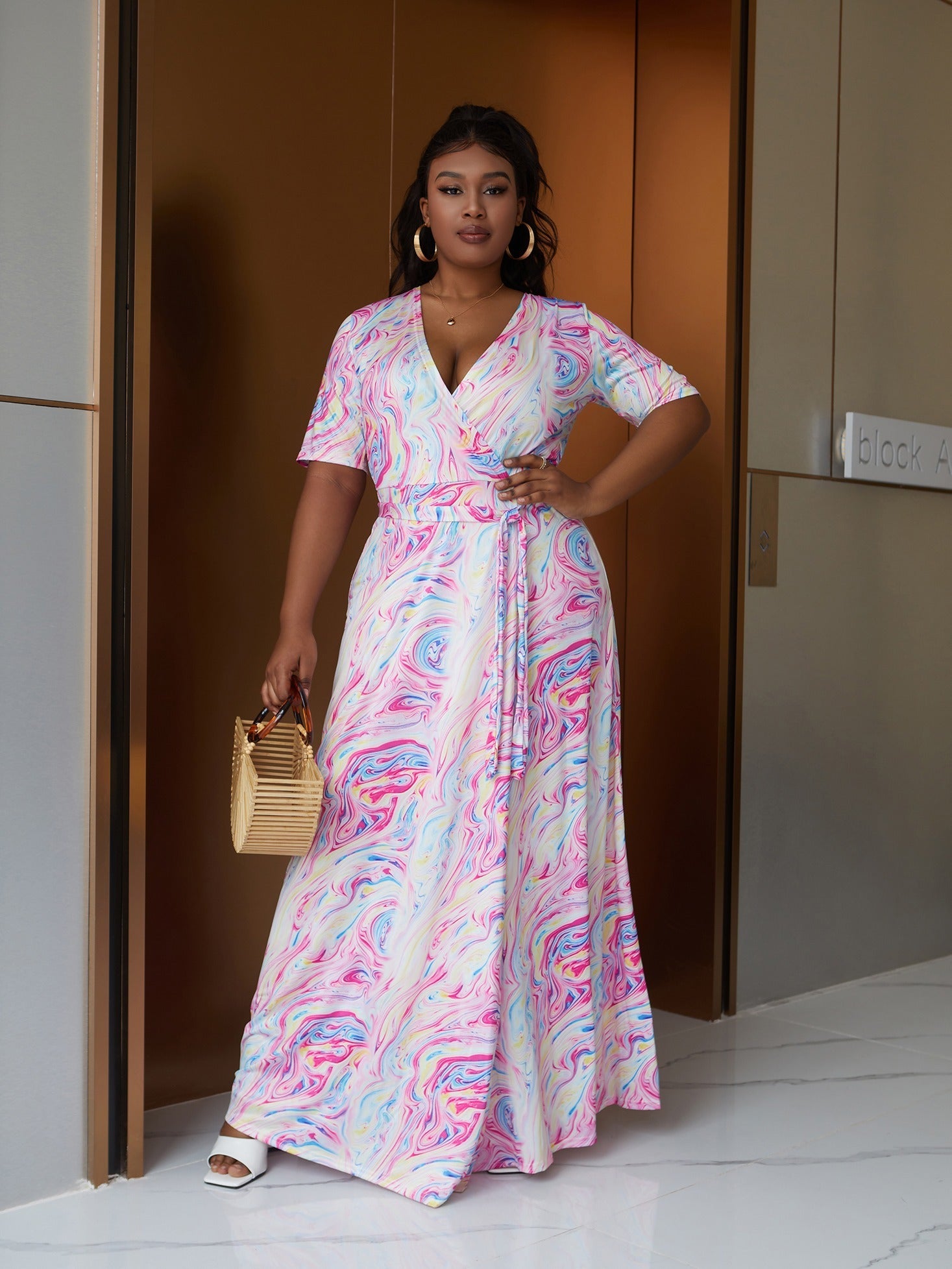  Marble Print Waist Wrap Maxi Dress V Neck Boho Long Dress