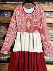  Boho Dress Colorblock Geometric Print Long Sleeve Smock Dress