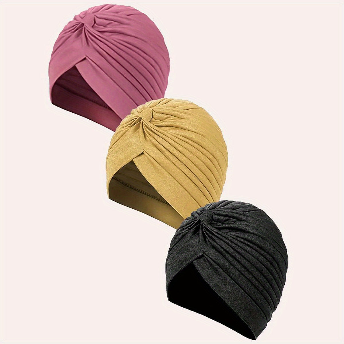 3pcs Pleated Turban Cap Solid Head Wraps Women Ramadan Hijab Chemo Hats