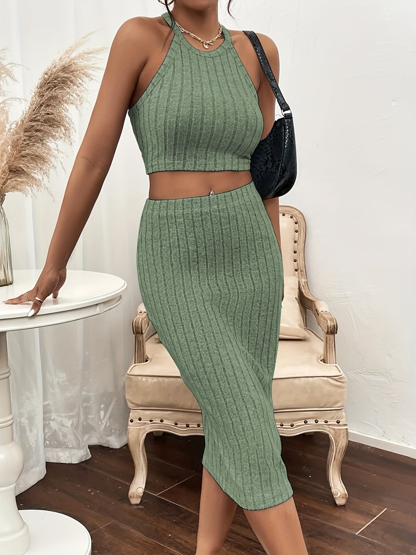 Ribbed Two piece Set Crop Top & Mini Skirts Outfits Women's Clothing